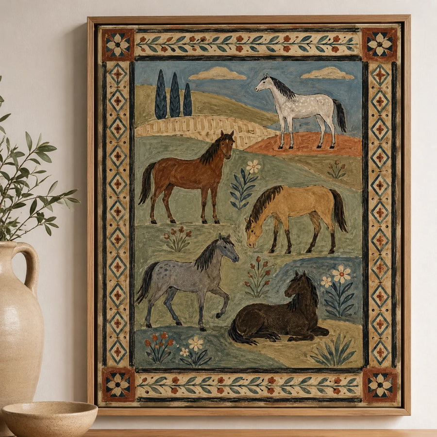 Vintage Americana Art | Five Pasture Horses