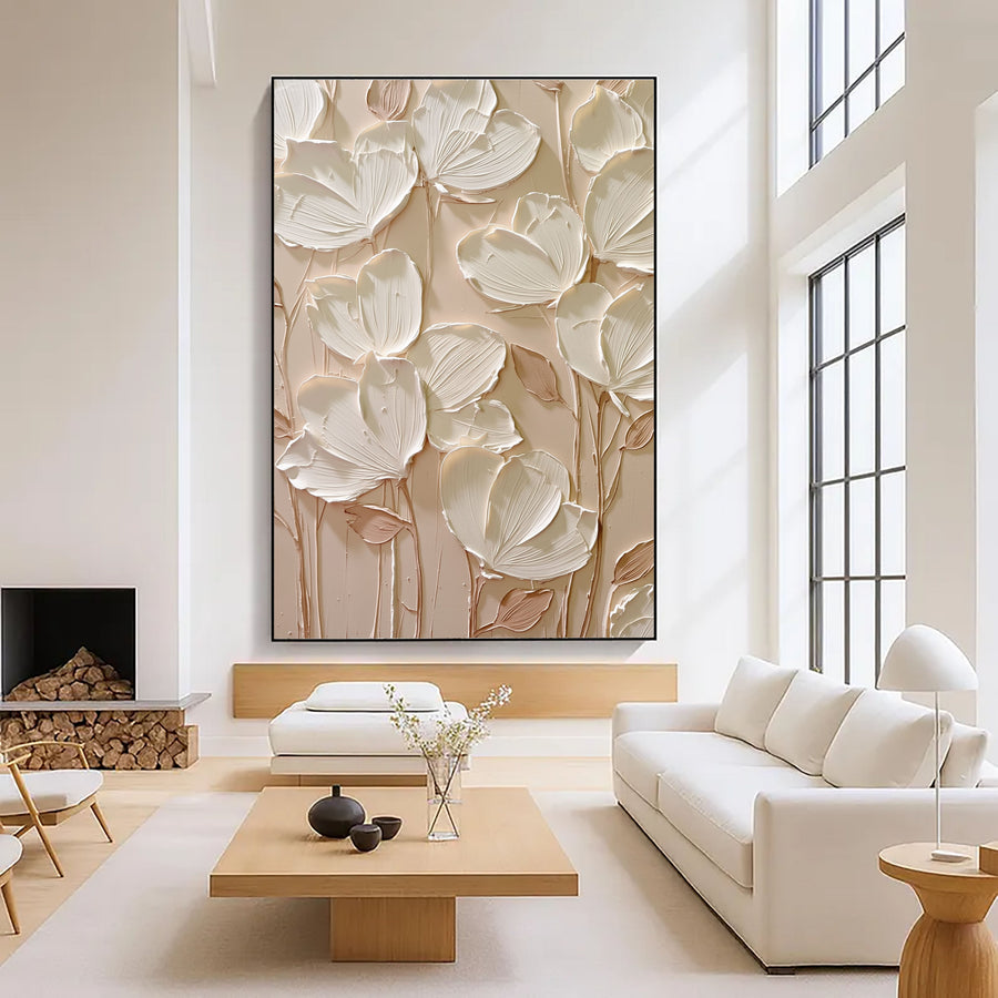 3D-Textured Art | Cream Floral Relief