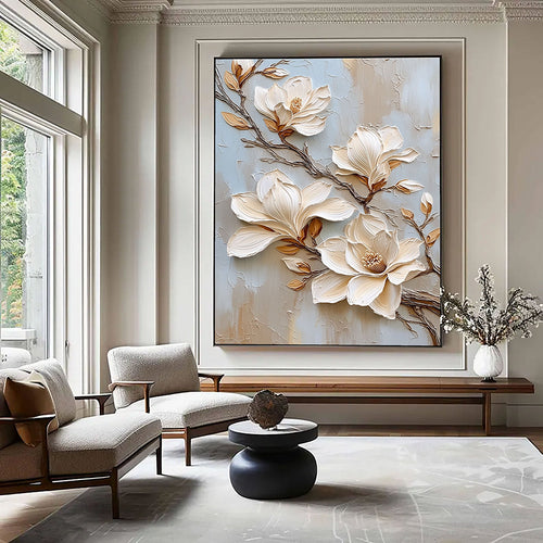 3D-Textured Art | Cream Magnolia Blooms