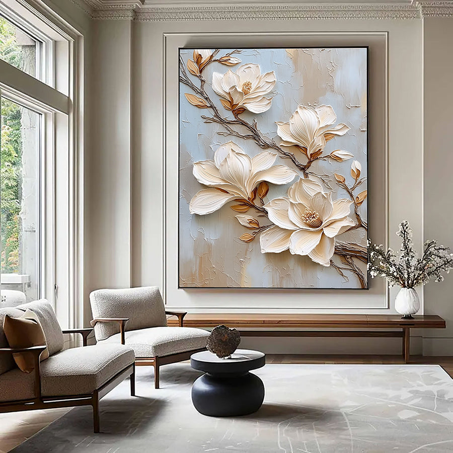 3D-Textured Art | Cream Magnolia Blooms