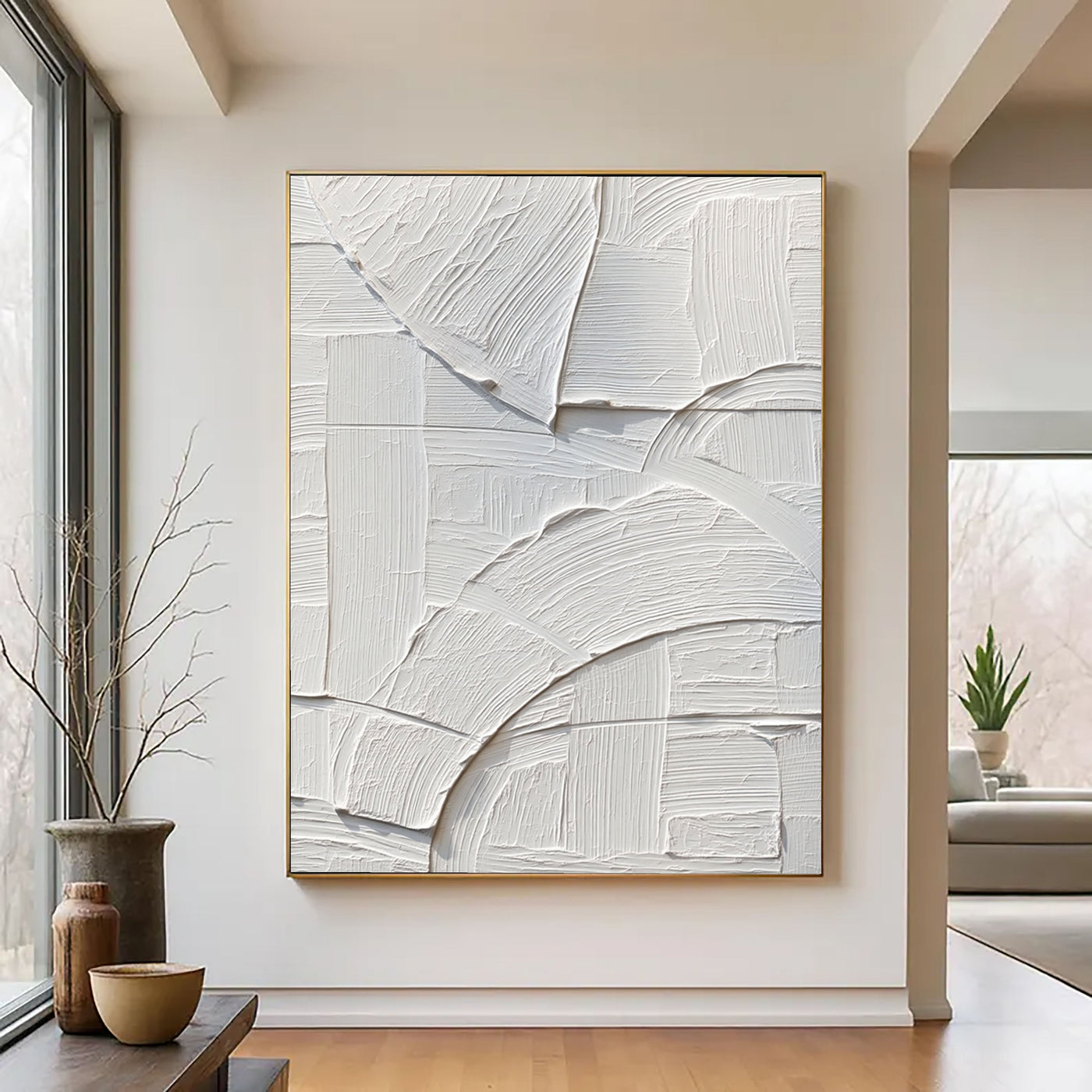 3D-Textured Art | White Geometric Relief