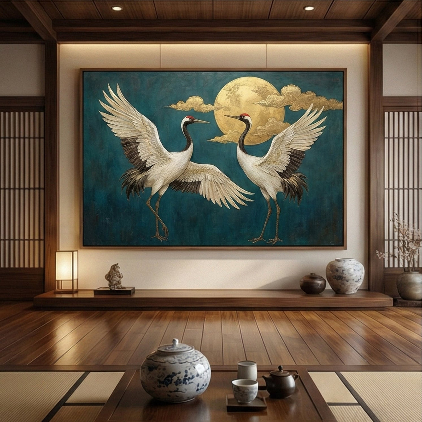 Impressionist Art | Moonlit Crane Duet