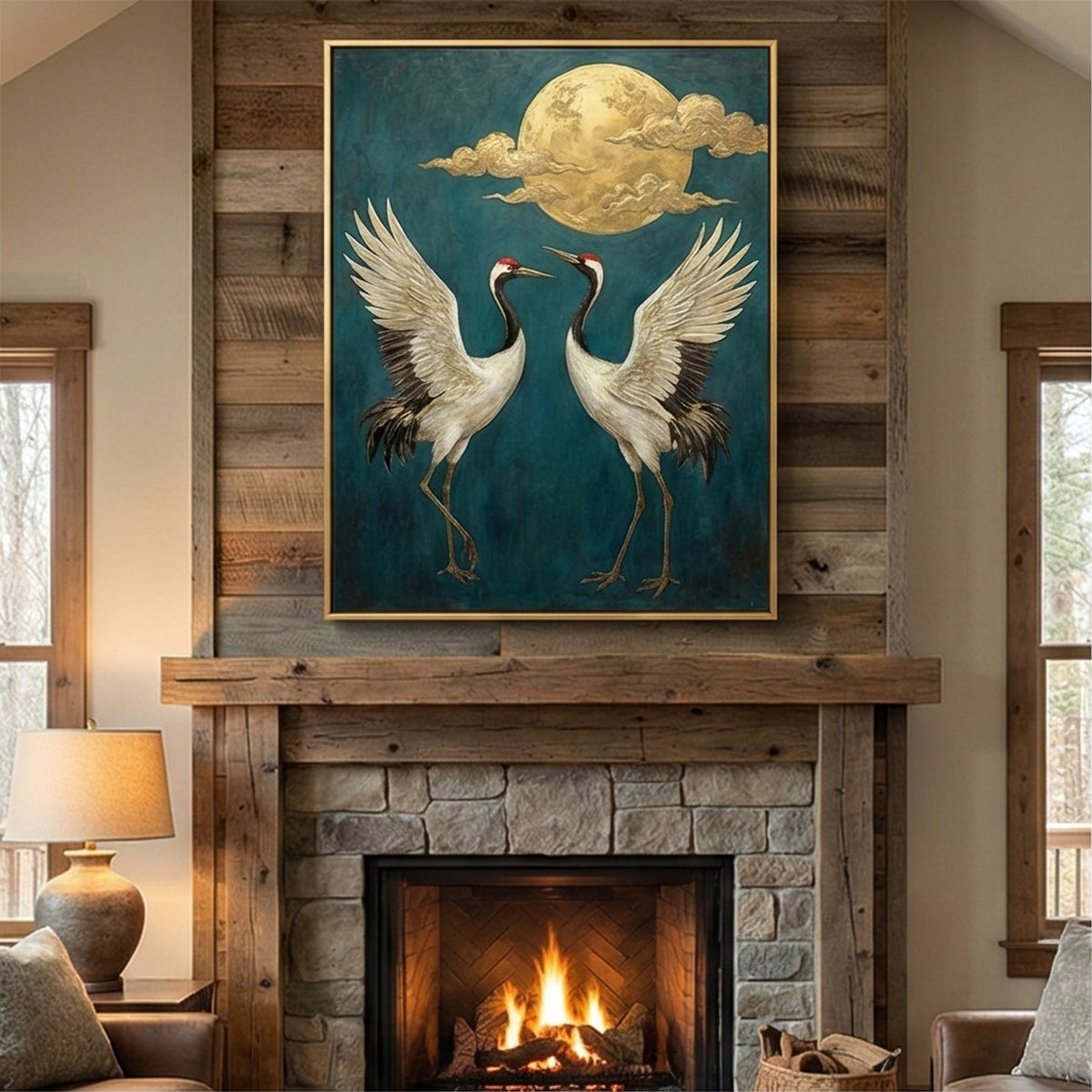 Impressionist Art | Golden Moon Cranes