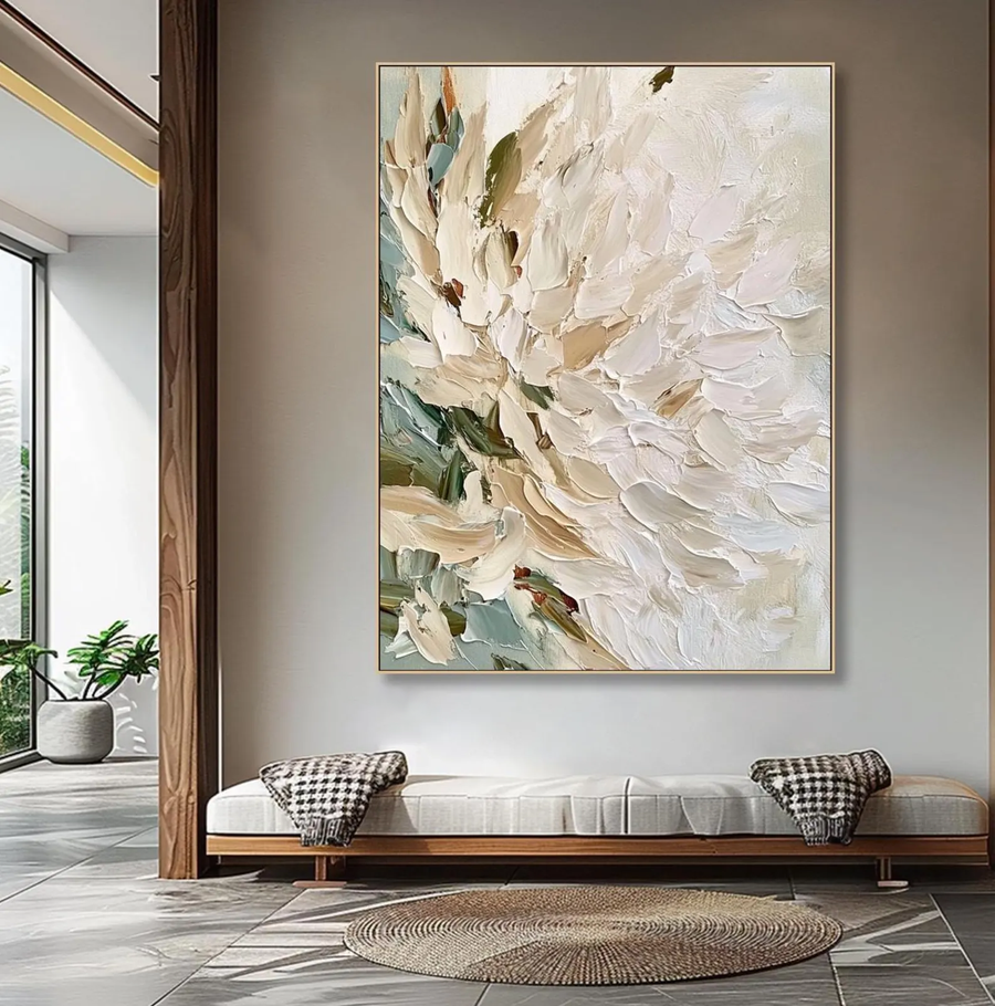 3D-Textured Art｜Vertical Impasto White Flower Wall Art