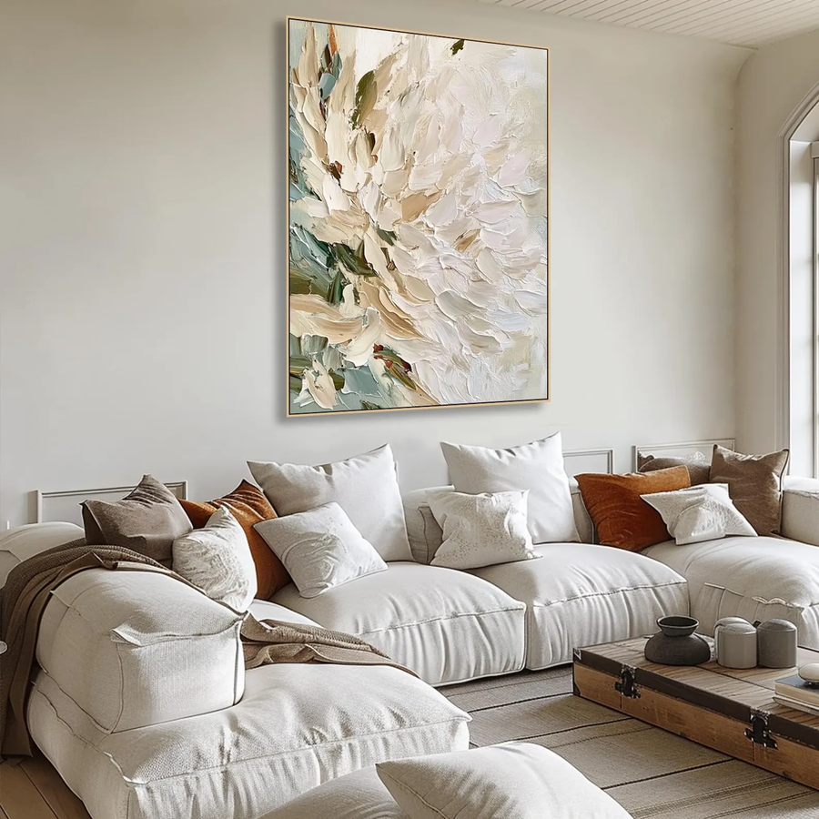 3D-Textured Art｜Vertical Impasto White Flower Wall Art