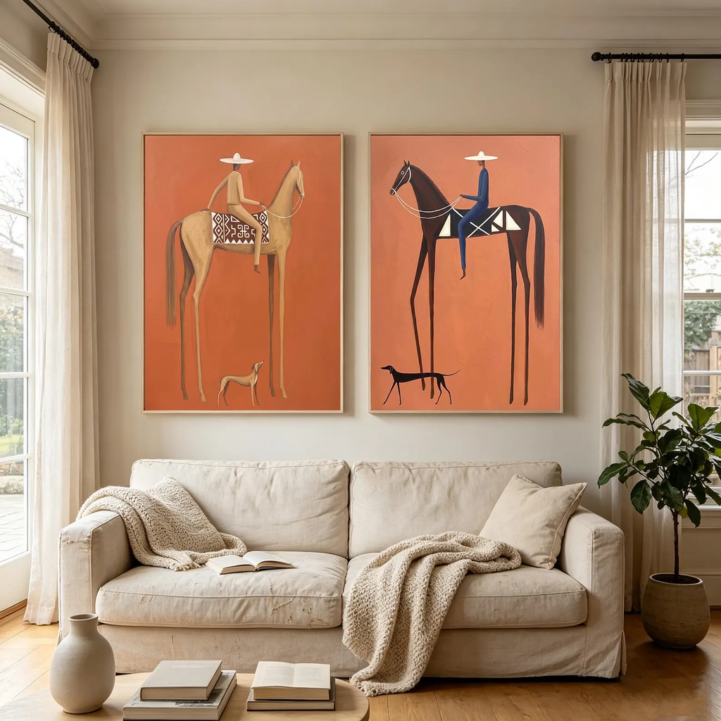 Vintage Americana Art | Terracotta Tall Horse Rider Pair Canvas Print