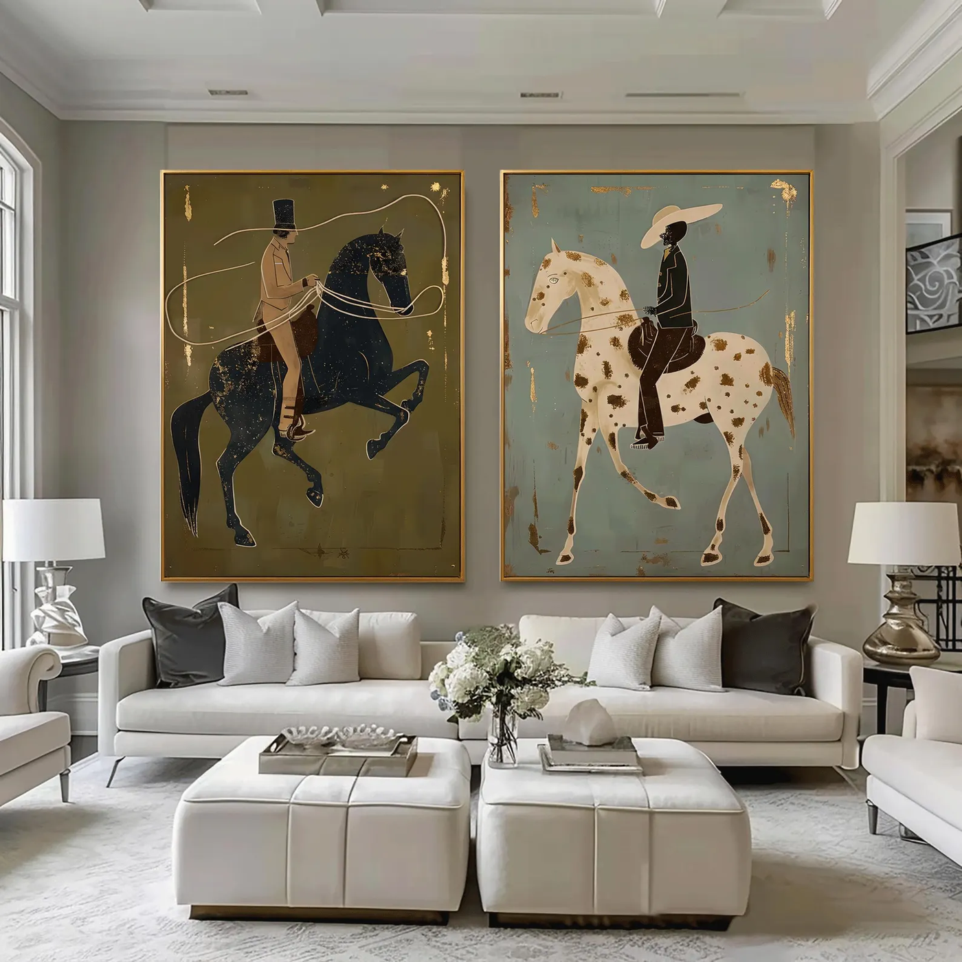 Vintage Americana Art | Olive & Sage Green Horse Rider Pair Canvas Print
