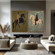 Vintage Americana Art | Olive & Sage Green Horse Rider Pair Canvas Print
