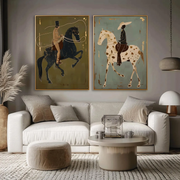 Vintage Americana Art | Olive & Sage Green Horse Rider Pair Canvas Print