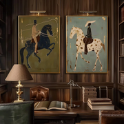 Vintage Americana Art | Olive & Sage Green Horse Rider Pair Canvas Print