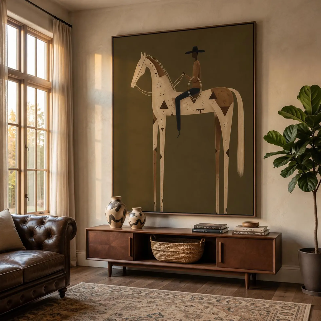 Vintage Americana Art | Olive Green Stylized Horse Rider Canvas Print
