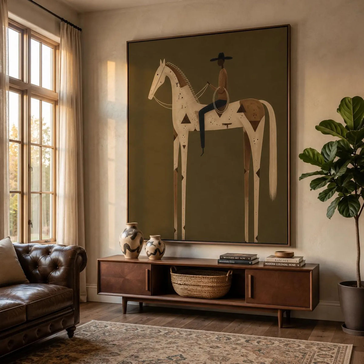 Vintage Americana Art | Olive Green Stylized Horse Rider Canvas Print