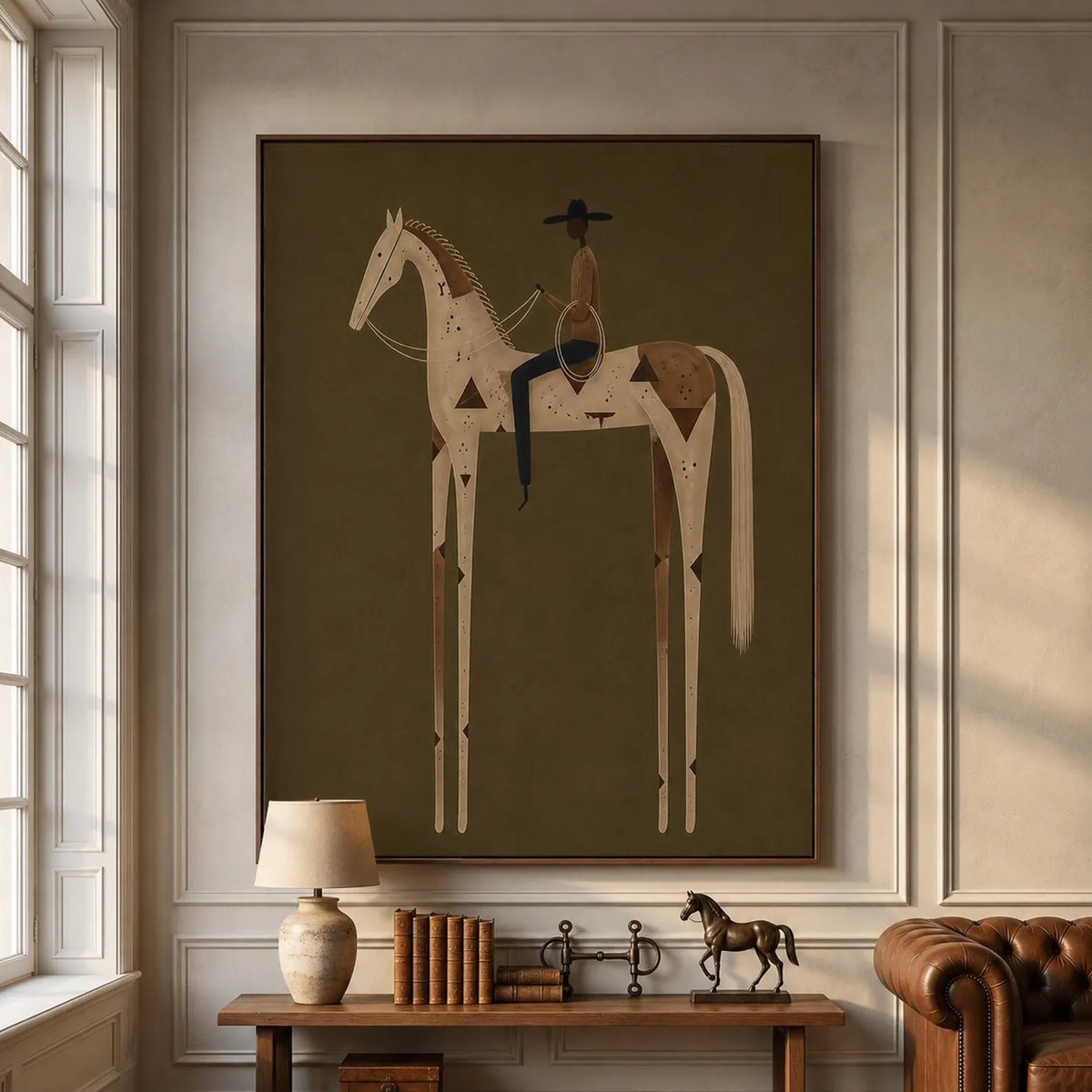 Vintage Americana Art | Olive Green Stylized Horse Rider Canvas Print
