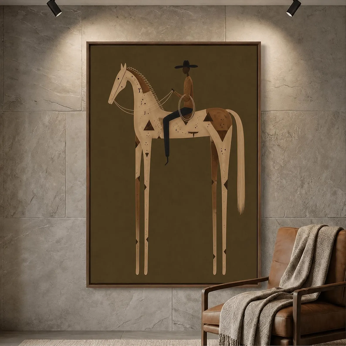 Vintage Americana Art | Olive Green Stylized Horse Rider Canvas Print