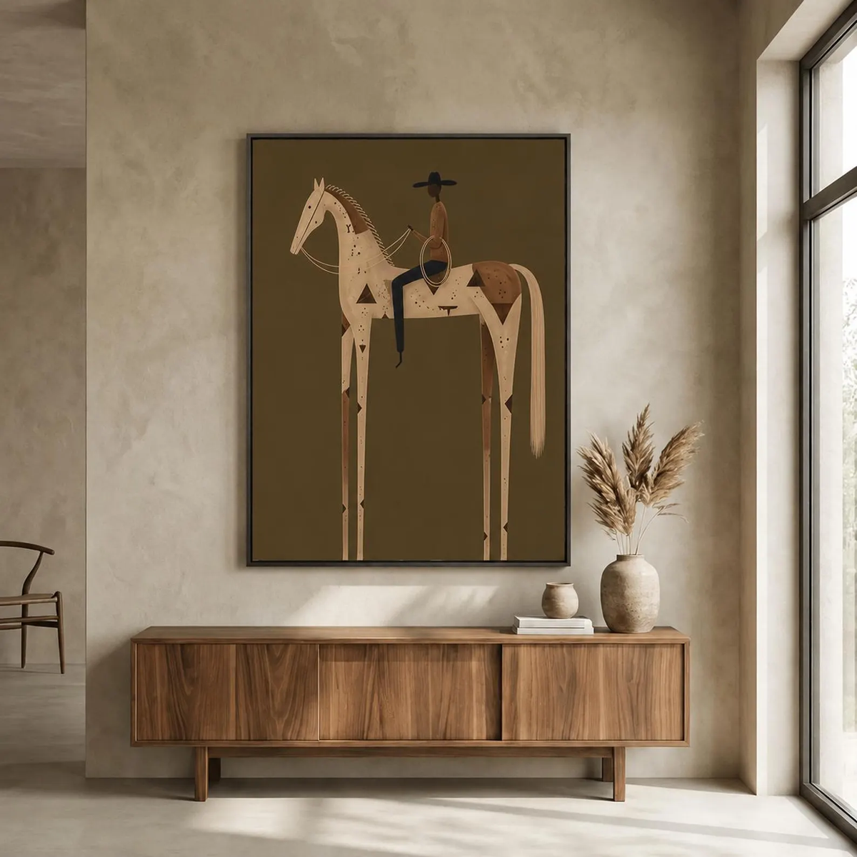 Vintage Americana Art | Olive Green Stylized Horse Rider Canvas Print