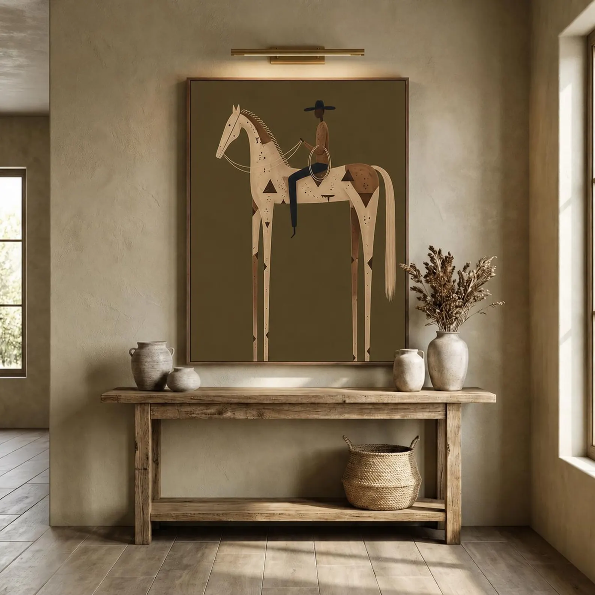 Vintage Americana Art | Olive Green Stylized Horse Rider Canvas Print