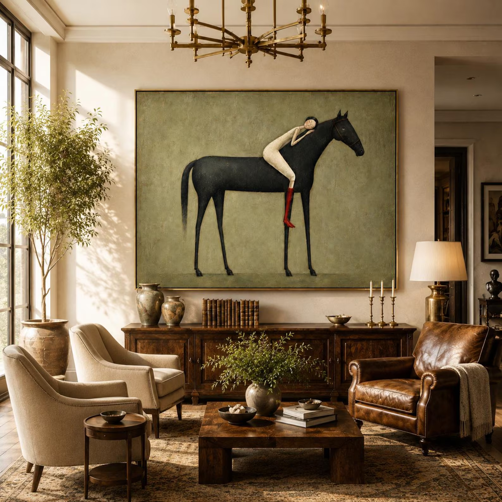 Vintage Americana Art | Abstract Minimalist Horse Hug Figure Canvas