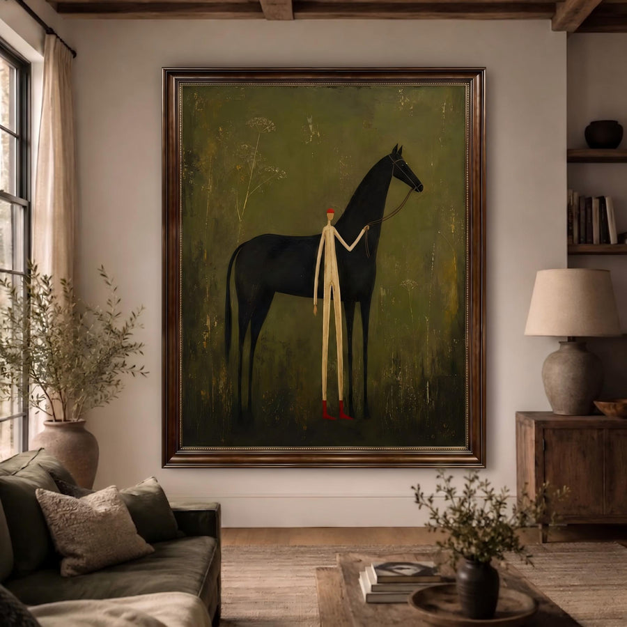 Vintage Americana Art | Faceless man leading horse