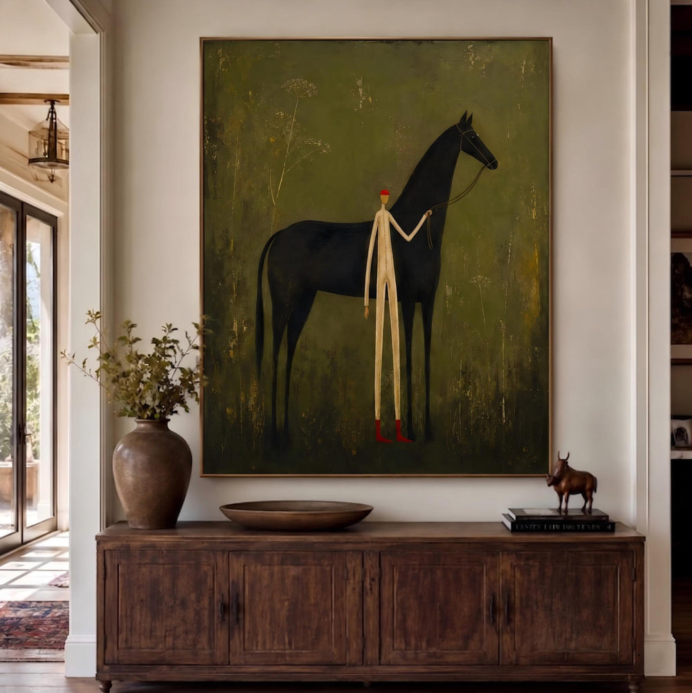 Vintage Americana Art | Faceless man leading horse