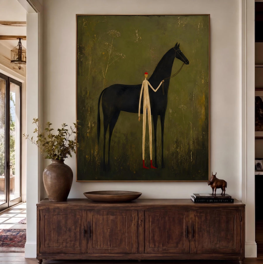 Vintage Americana Art | Faceless man leading horse