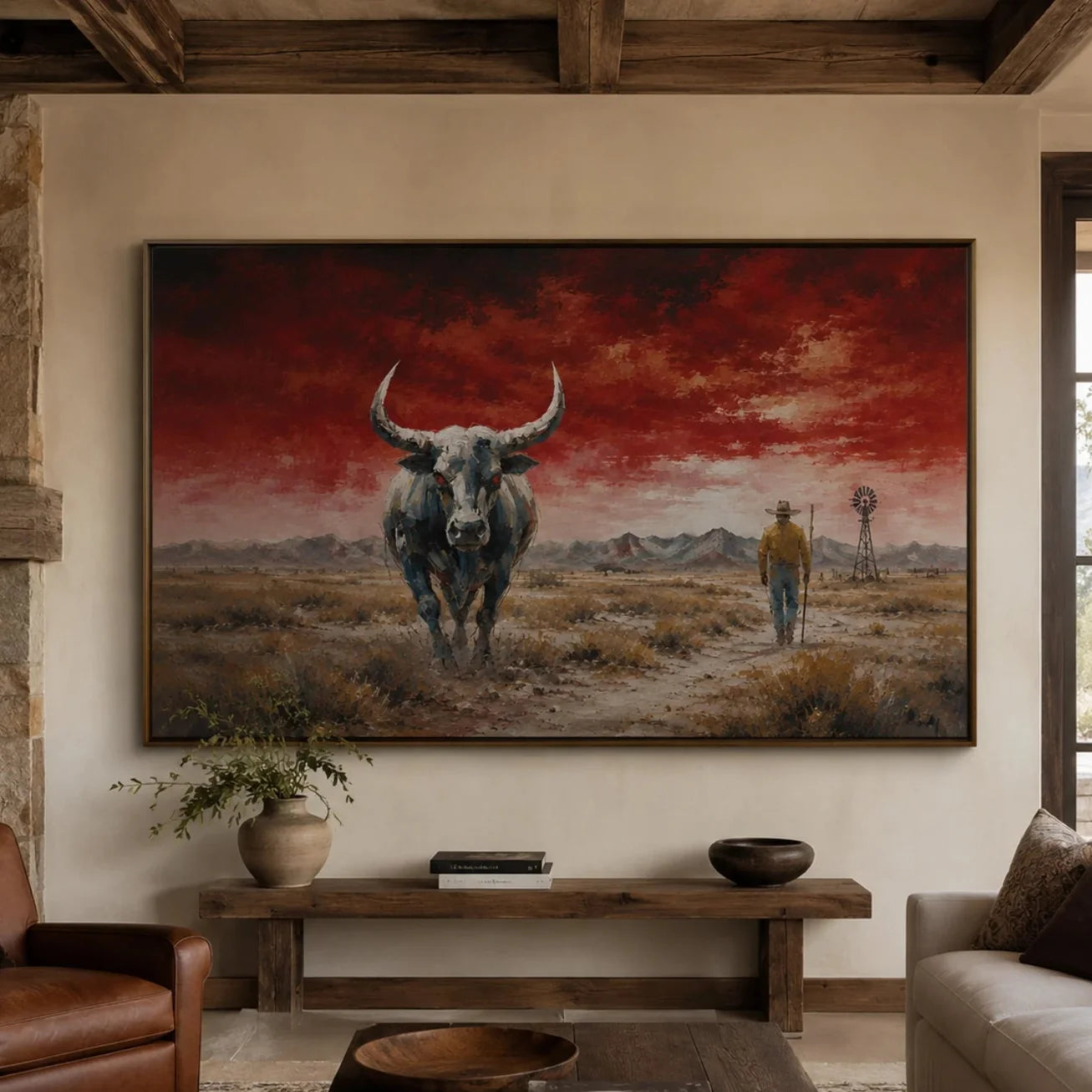 Vintage Americana Art | Red Sky Desert Steer Wanderer