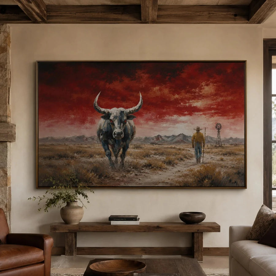 Vintage Americana Art | Red Sky Desert Steer Wanderer