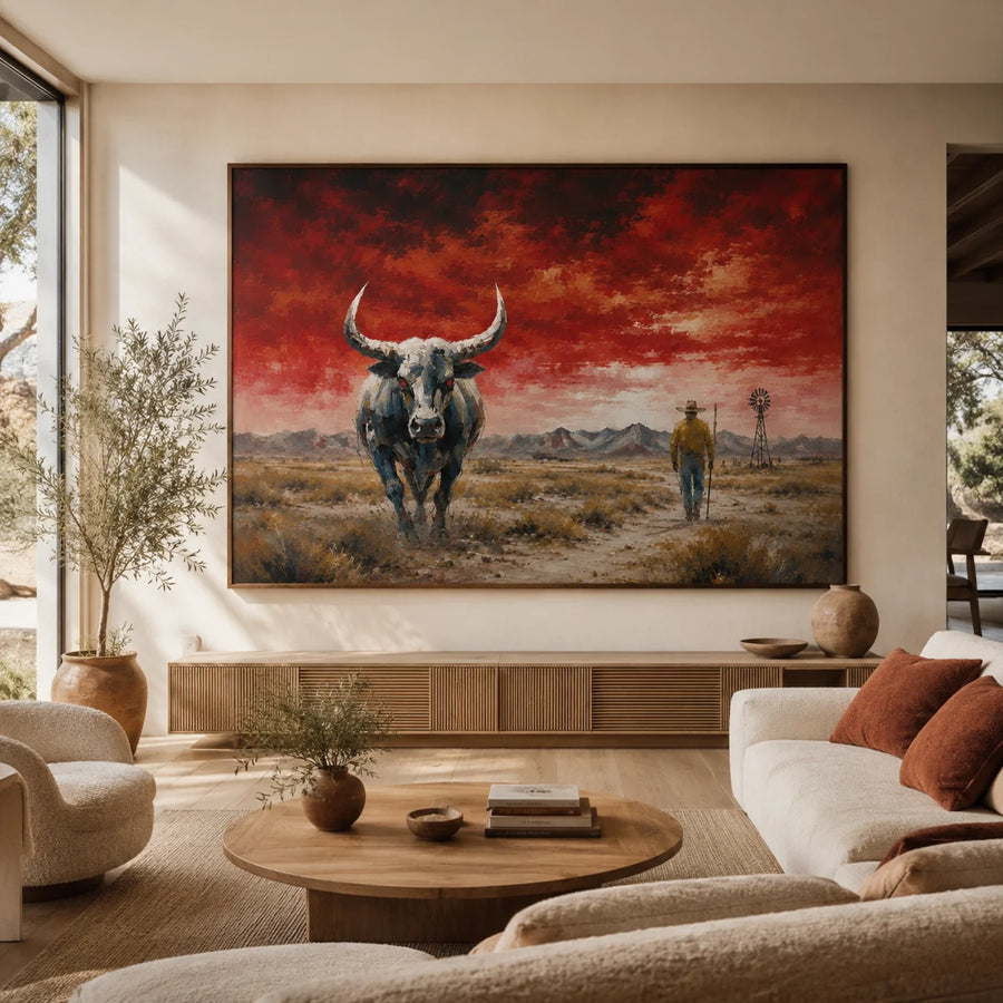 Vintage Americana Art | Red Sky Desert Steer Wanderer