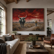 Vintage Americana Art | Red Sky Desert Steer Wanderer