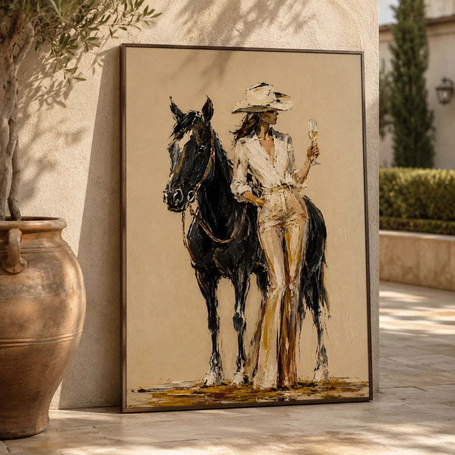 Vintage Americana Art | Wine & Horse Cowgirl