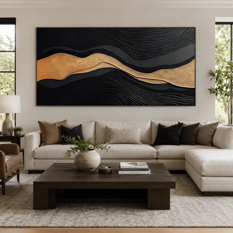 3D-Textured Art｜Luxury Black‑Gold Layered Mountain