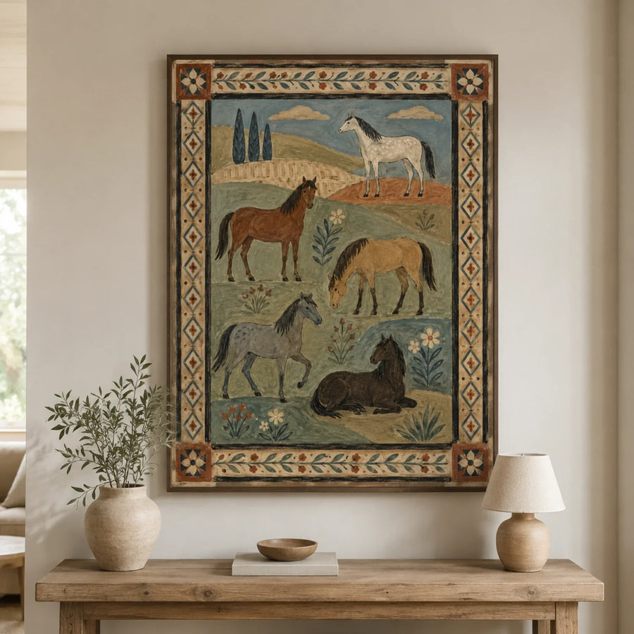 Vintage Americana Art | Five Pasture Horses