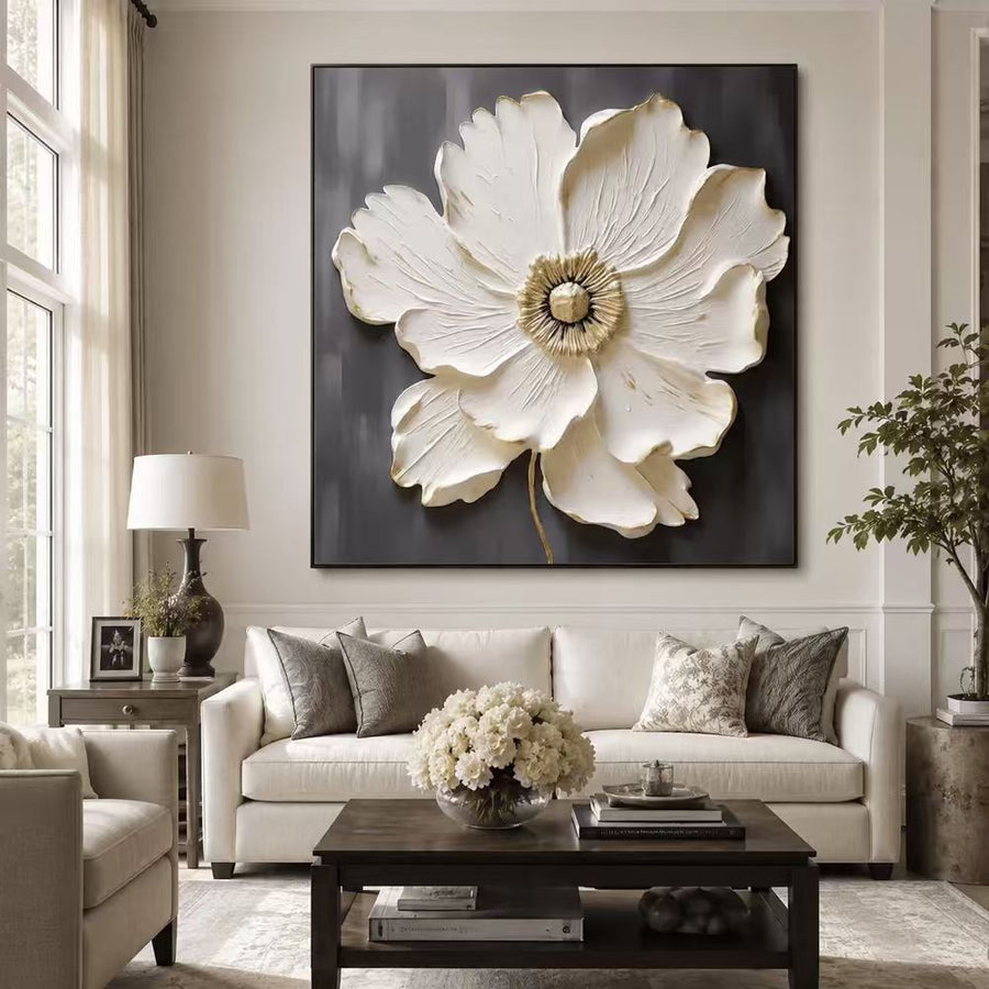 3d Textured Art｜Square White‑Gold Flower Wall Art