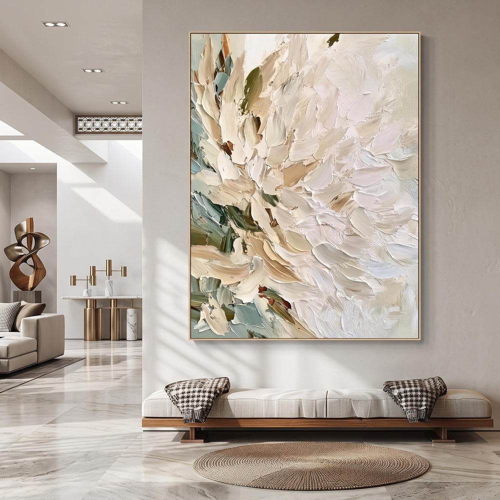 3D-Textured Art｜Vertical Impasto White Flower Wall Art