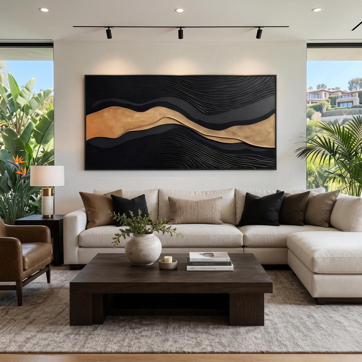 3D-Textured Art｜Luxury Black‑Gold Layered Mountain