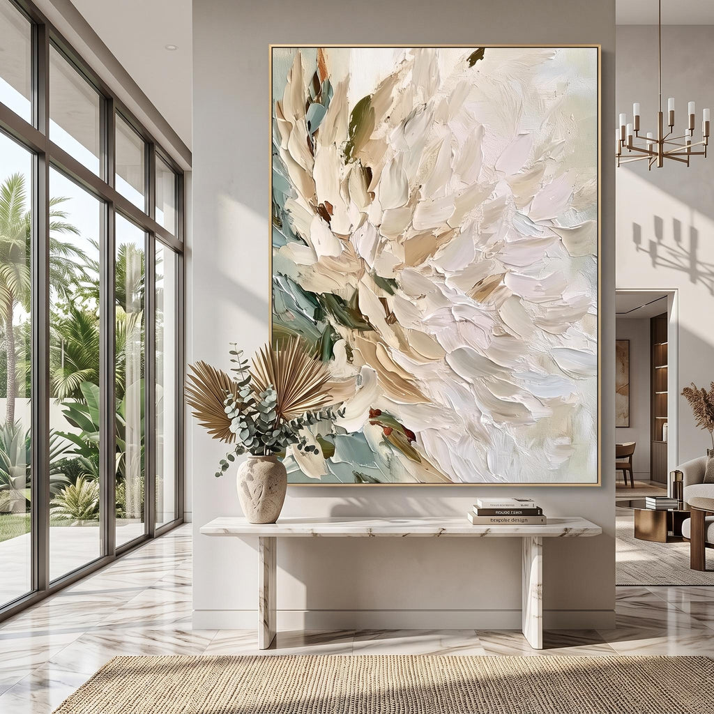 3D-Textured Art｜Vertical Impasto White Flower Wall Art