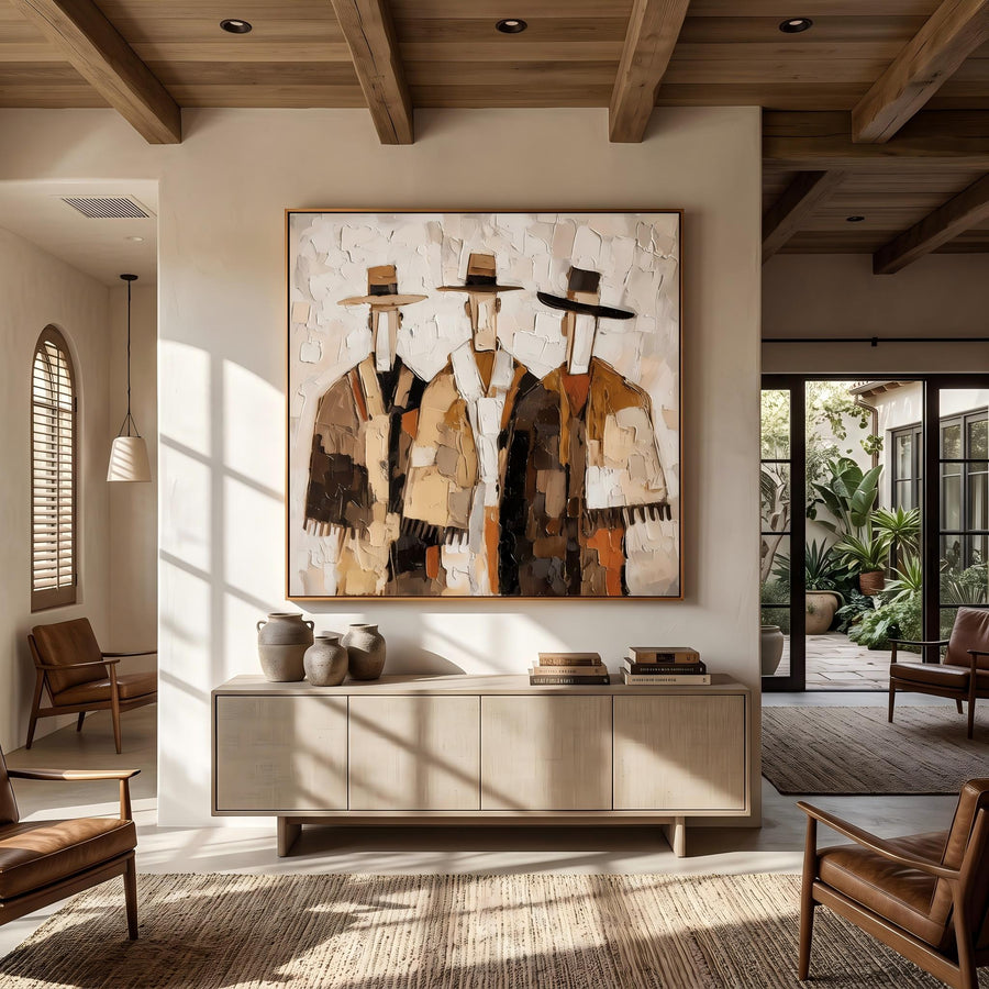 Vintage Americana Art｜Three Cowboys Impasto Wall Painting