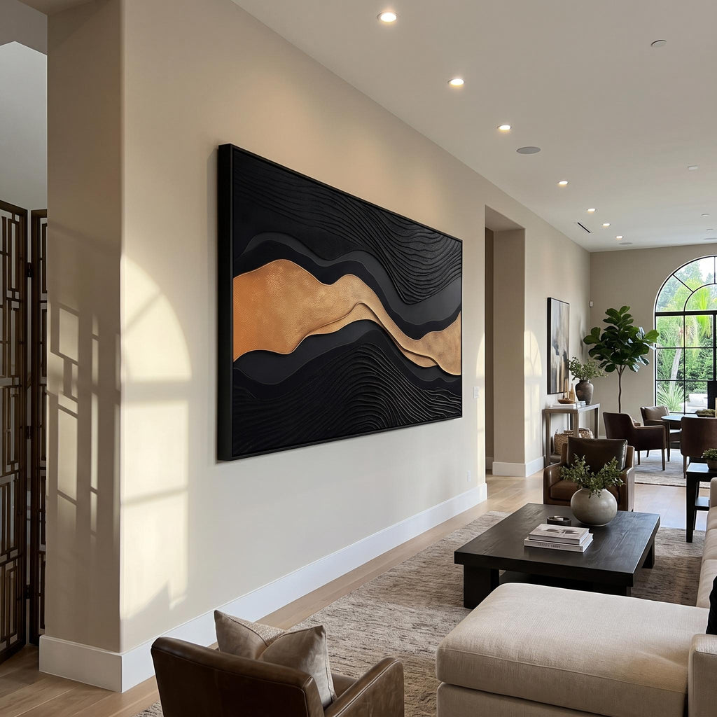 3D-Textured Art｜Luxury Black‑Gold Layered Mountain
