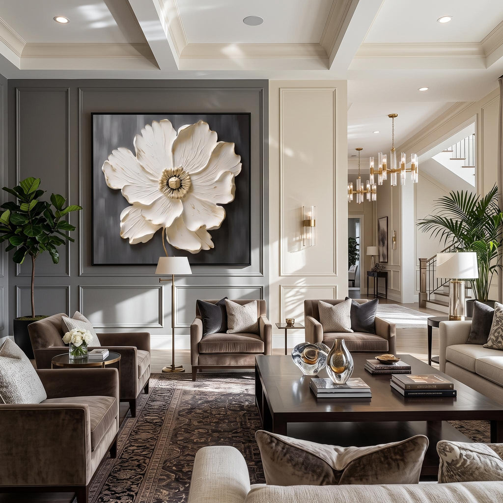 3d Textured Art｜Square White‑Gold Flower Wall Art