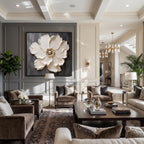 3d Textured Art｜Square White‑Gold Flower Wall Art