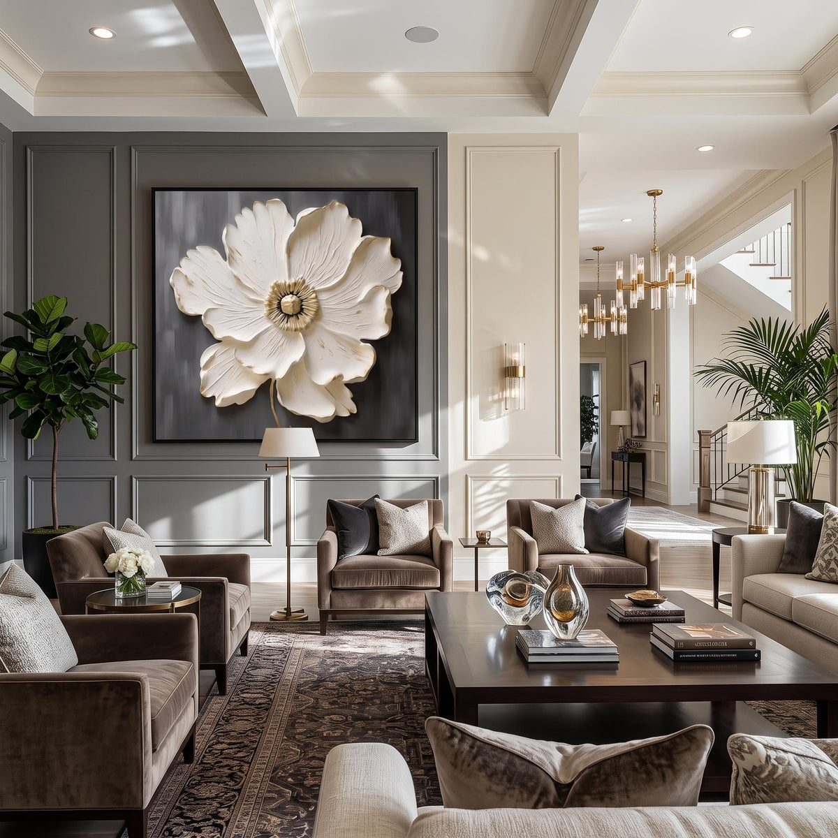 3d Textured Art｜Square White‑Gold Flower Wall Art