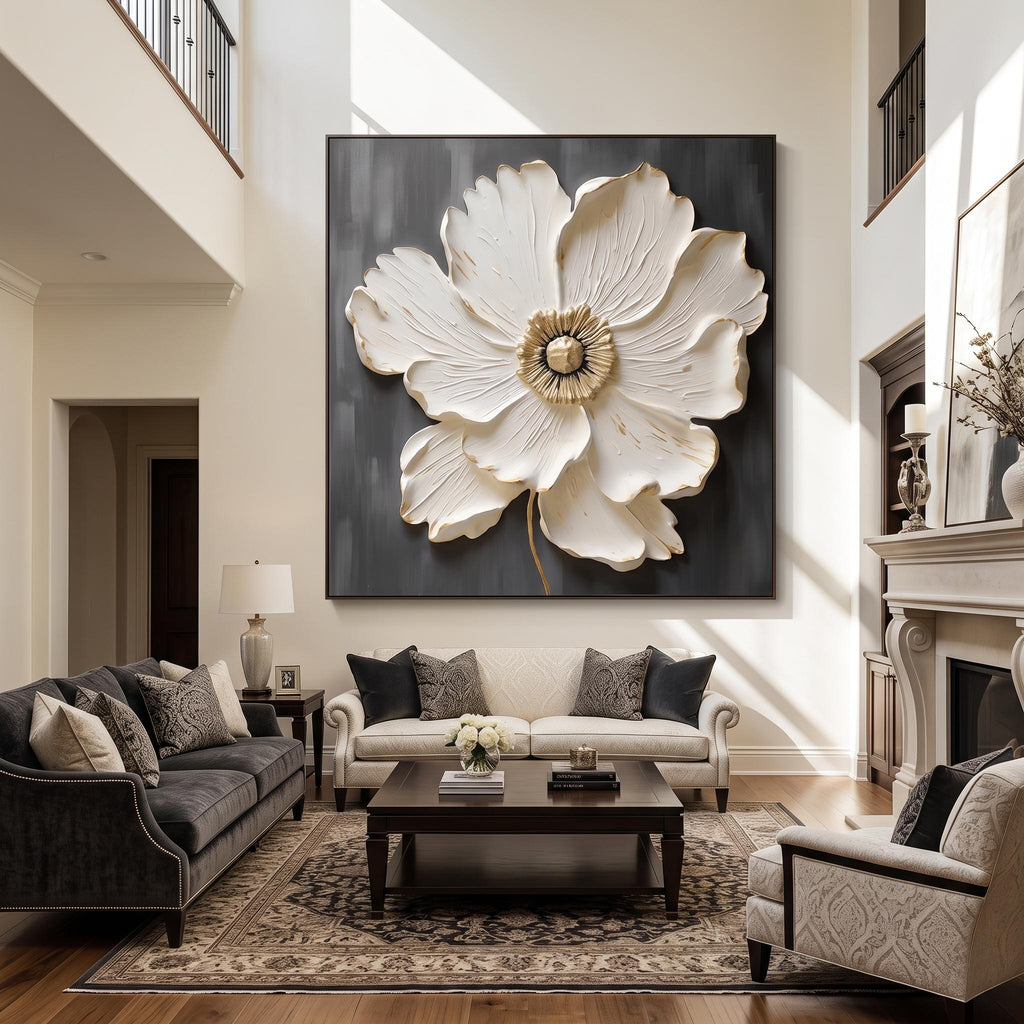 3d Textured Art｜Square White‑Gold Flower Wall Art