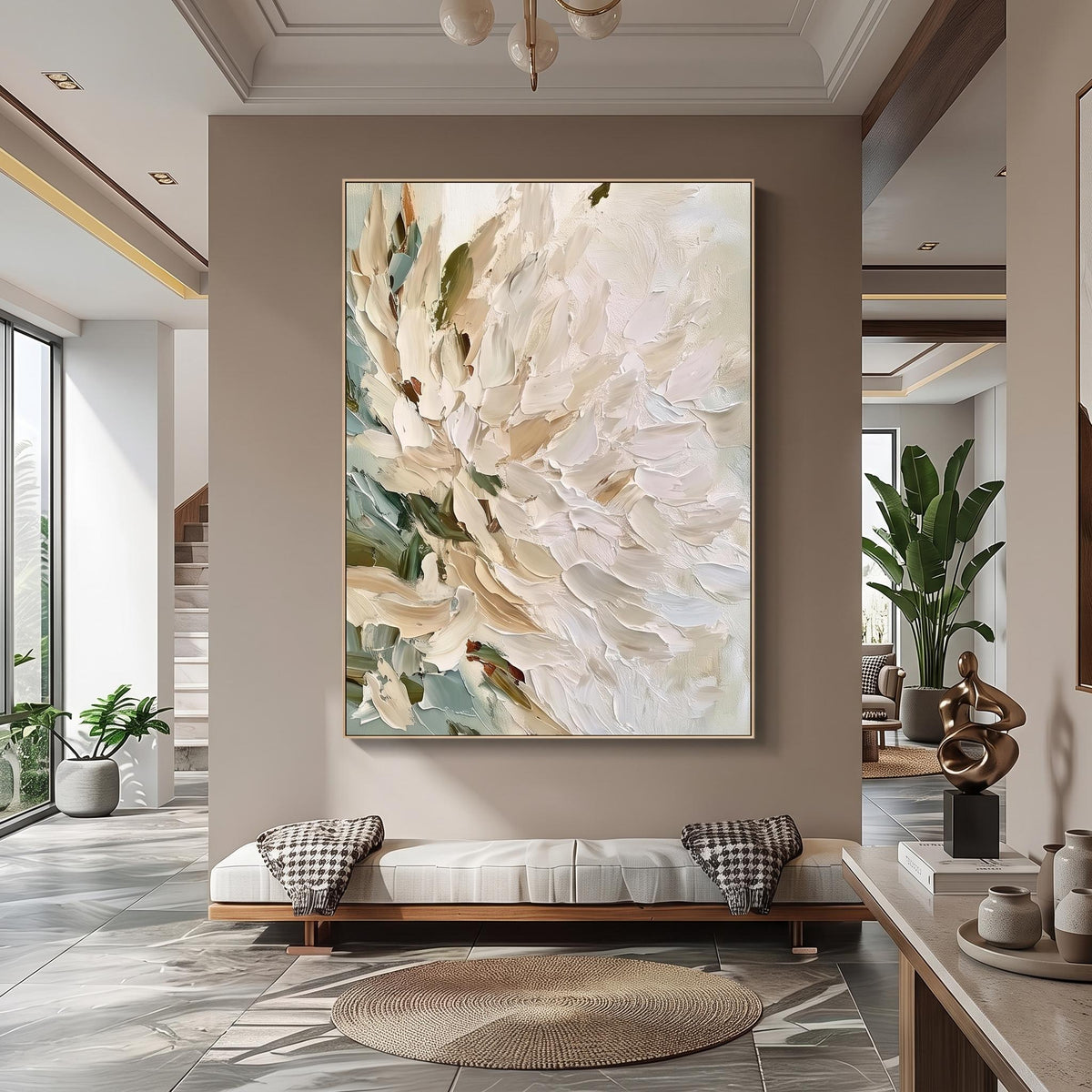 3D-Textured Art｜Vertical Impasto White Flower Wall Art