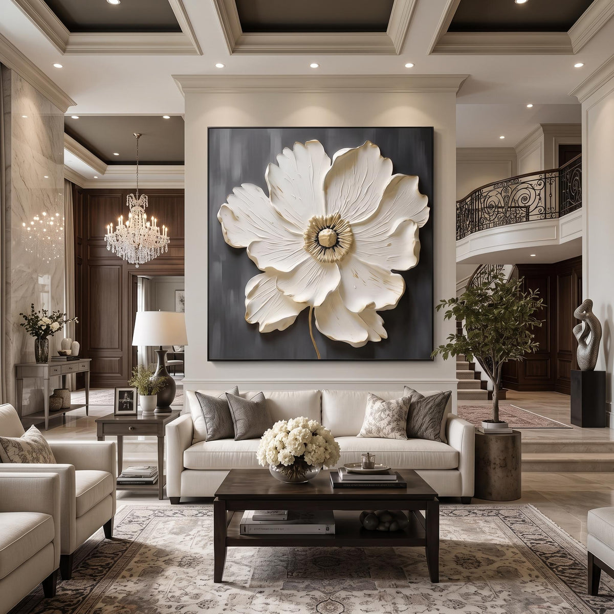 3d Textured Art｜Square White‑Gold Flower Wall Art