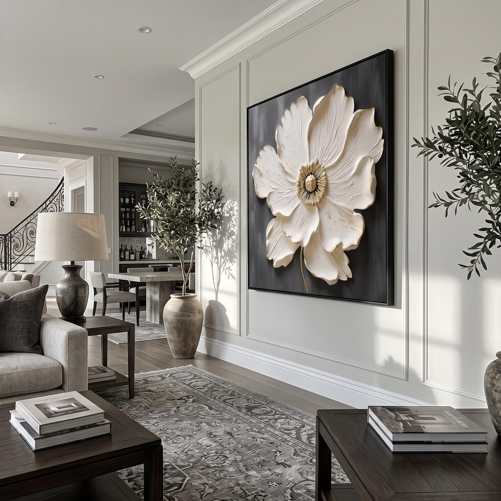 3d Textured Art｜Square White‑Gold Flower Wall Art