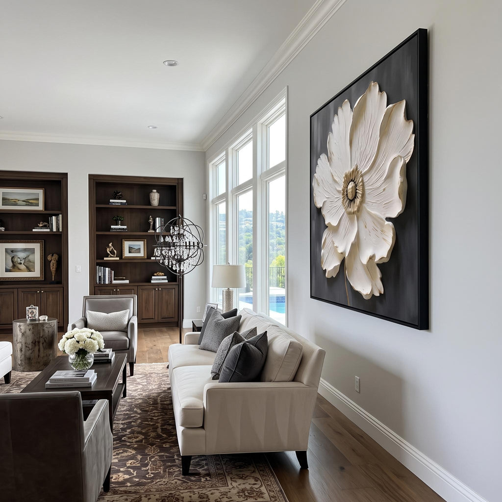 3d Textured Art｜Square White‑Gold Flower Wall Art