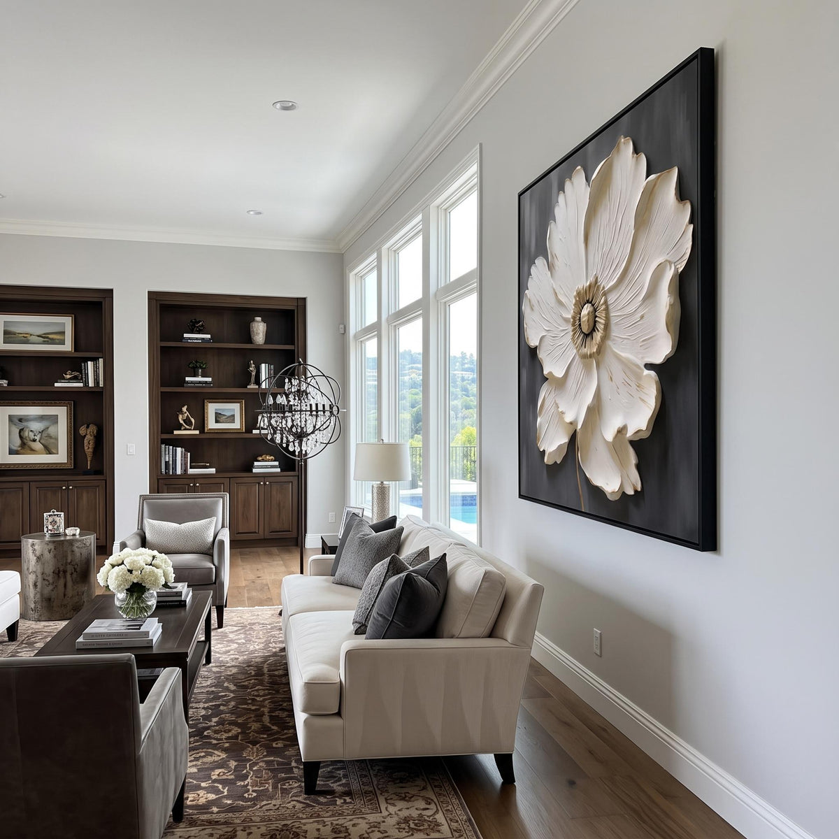 3d Textured Art｜Square White‑Gold Flower Wall Art