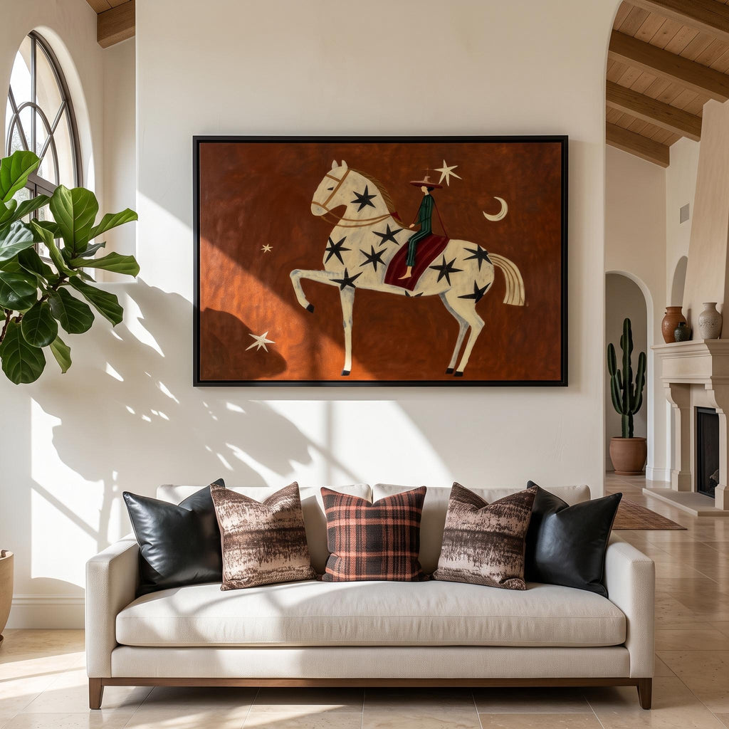 Vintage Americana Art | Rust Red Stylized Horse With Moon & Stars Canvas