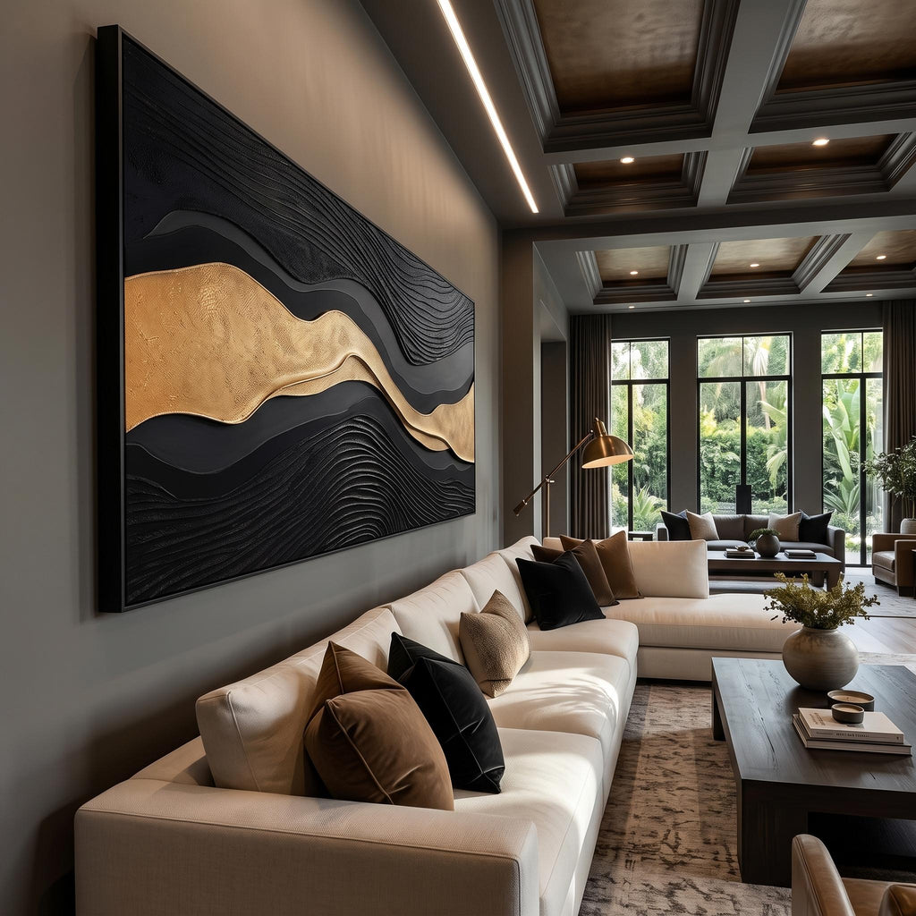 3D-Textured Art｜Luxury Black‑Gold Layered Mountain