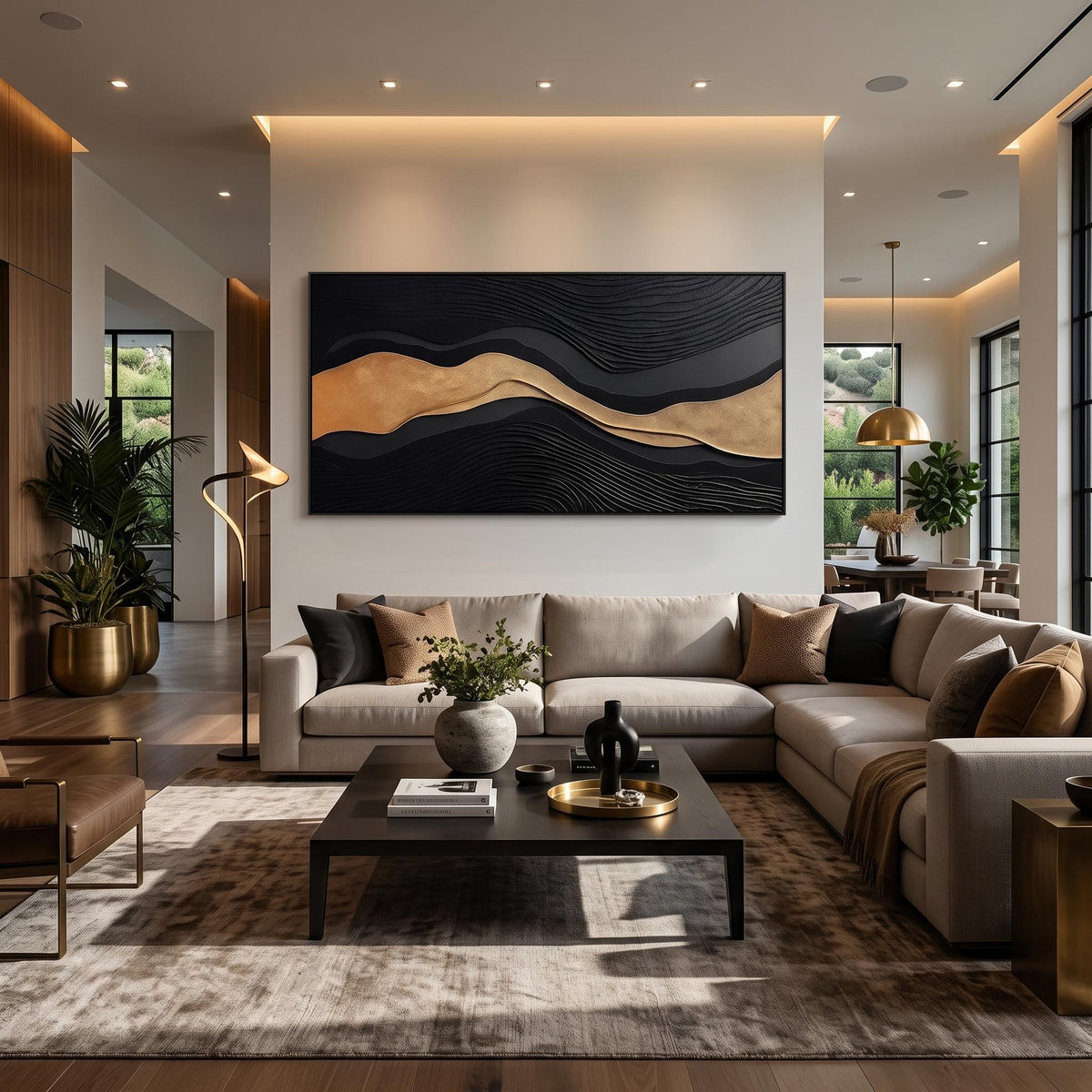 3D-Textured Art｜Luxury Black‑Gold Layered Mountain