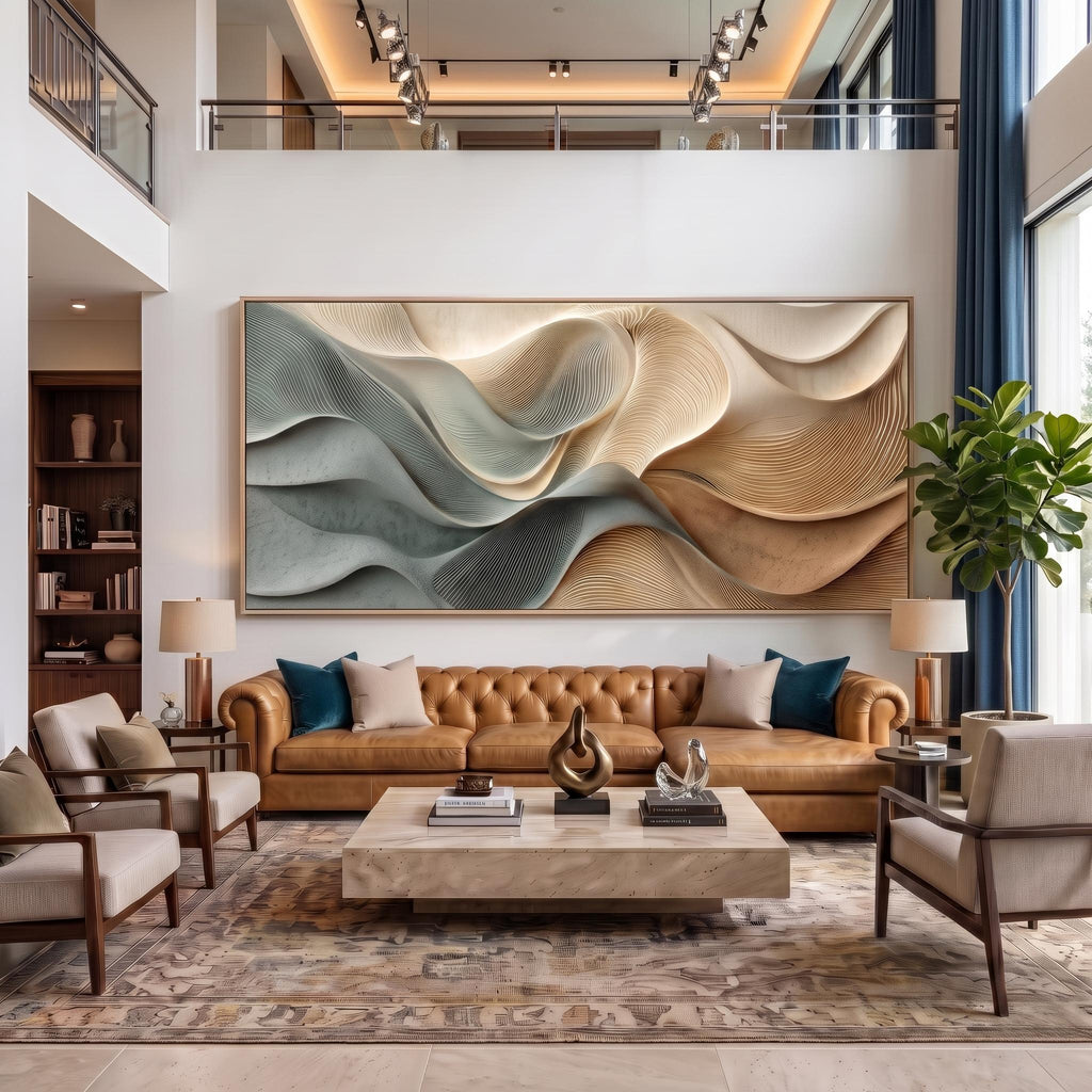 3D Texture Abstract Art｜Dusty Blue Beige Heavy‑Texture Wave Canvas Print